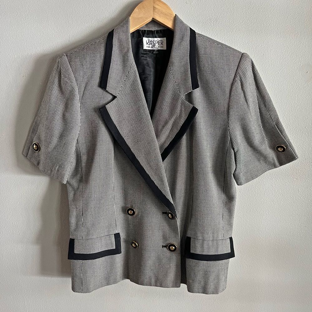 Vintage Kasper for A.S.L. Petite 8P Houndstooth Blazer Short Sleeve 80s